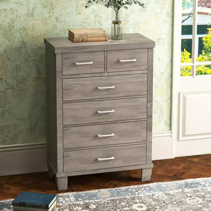 Zstar Modern 6-Drawer Dresser,45 Tall Grey Wooden Chest with Large Storage Drawers for Bedroom, Closet & Entryway