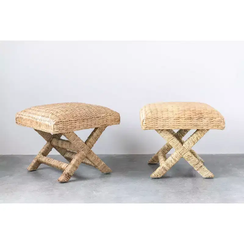 Storied Home Woven Water Hyacinth and Wood Accent Table Brown: Mahogany Frame, No Assembly Required