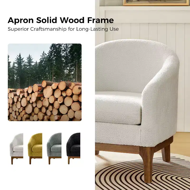 Boucle Barrel Armchair Set of 2 Solid Wood Legs High-Density Foam Dual-Sided Cushion