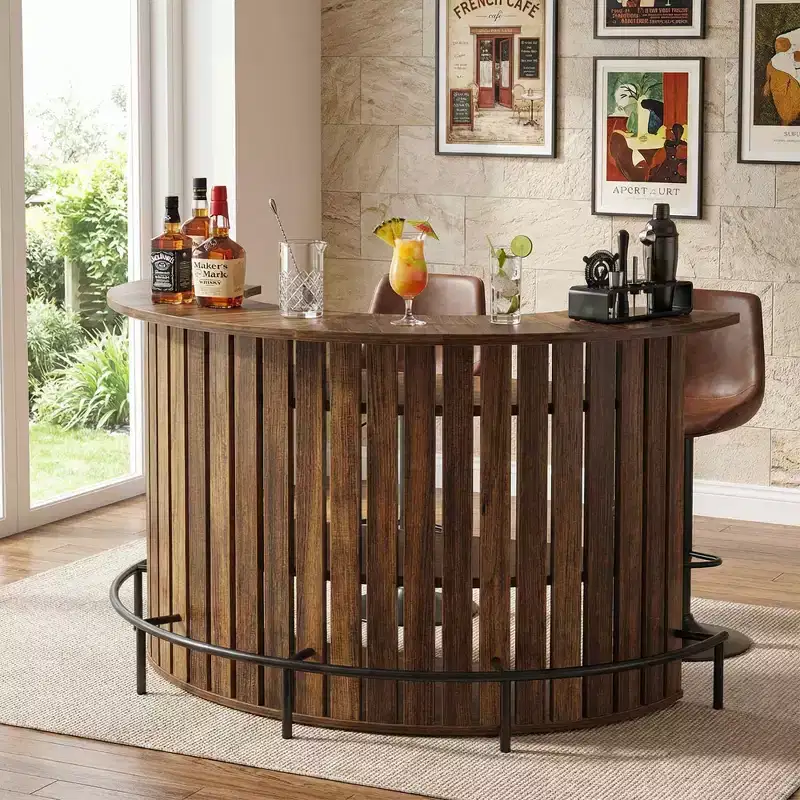 MAYEERTY Arc-Shaped 4-Tier Storage Mini Bar Table, Modern Rustic Home Bar Cabinet with Footrest & MDF Construction