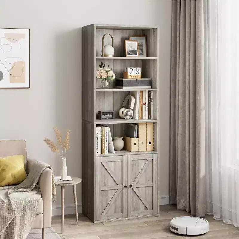 Whizmax Bookcase with Doors Industrial Bookshelf, Farmhouse Bookcases Wooden 6 Shelf Bookshelvels for Bedroom, Living Room, Home Office
