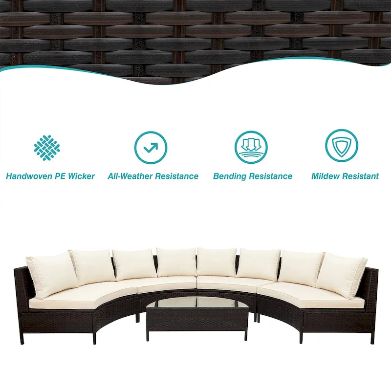 5-Pieces All-Weather PE Rattan Wicker Half-Moon Sofa Set