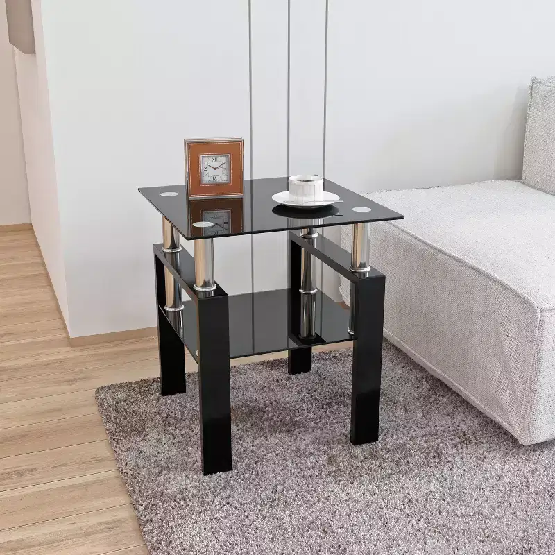 17.72 Black Tempered Glass Coffee Table, Square 2-Tier End Table with Metal Legs for Living Room Bedroom