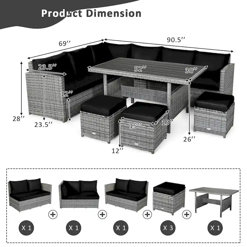 7 Pcs All-Weather Patio Rattan Dining Furniture Sectional Sofa Set with Wicker Ottoman and Cushed Couch