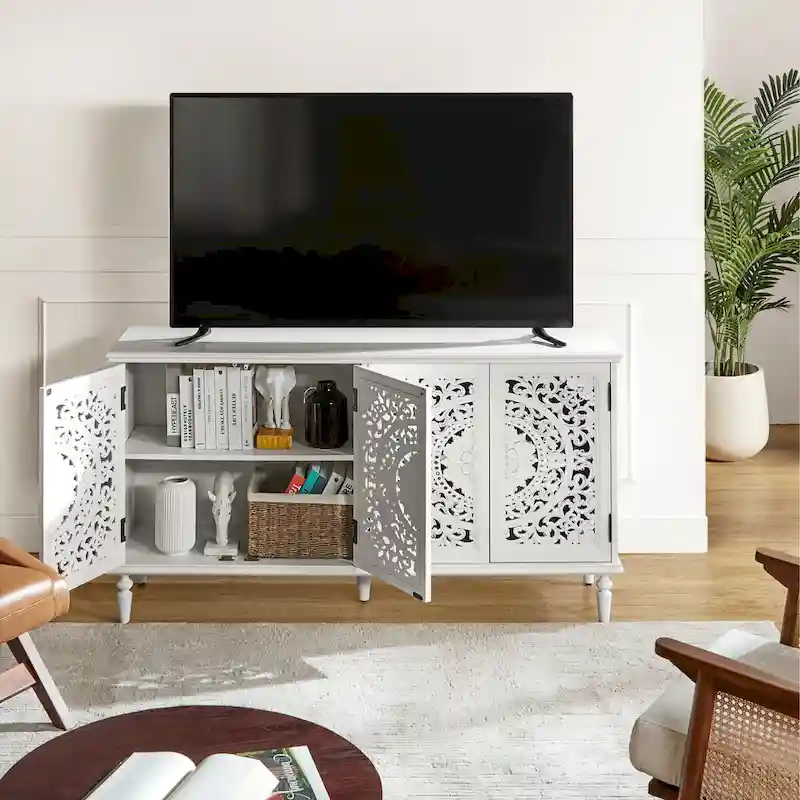 Traditional Carved Sideboard with Built-in Lighting and Storage