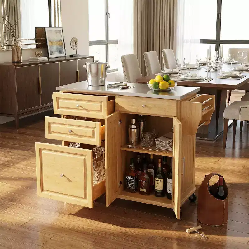 Christopher Knight Home Nives Bamboo Rolling Kitchen Cart with Stainless Steel Top, 4 Drawer and 2 Doors