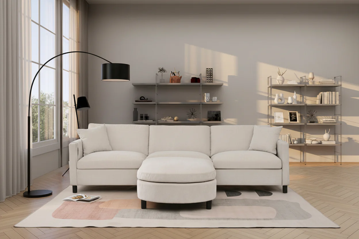 Beige Fabric 4-Seater Sofa with Movable Ottoman
