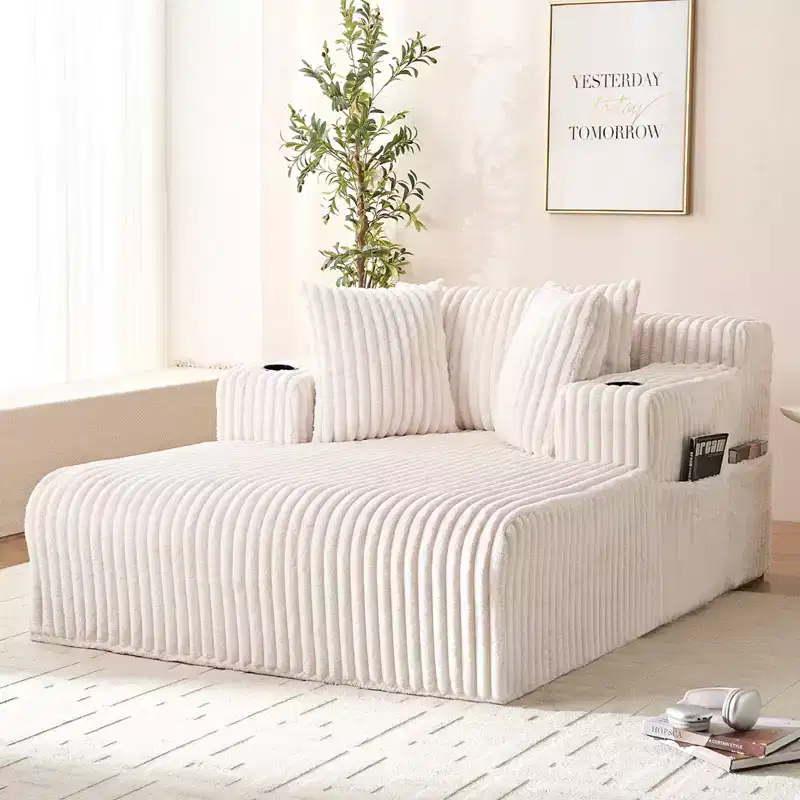 Mjkone 1PC Corduroy Sleeper Sofa Chair,51Single Seat Chaise Lounge Chair With Pillows,Wide Armrest,Cup Holder,Storage