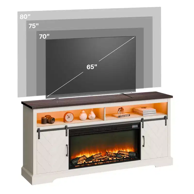 VEVOR Fireplace TV Stand,Farmhouse Fireplace TV Stand for TVs up to 80 inch, Farmhouse Entertainment Center with 36 inch Fireplace & LED Lights,White