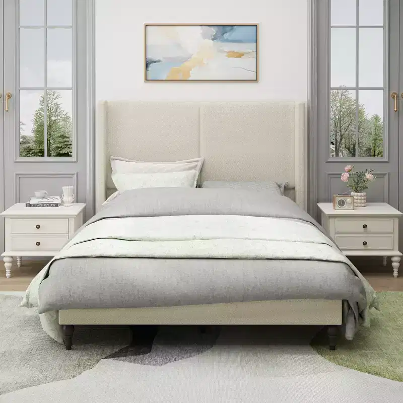 Boucle Upholstered Wood Bed with 55 Inch Wingback Headboard