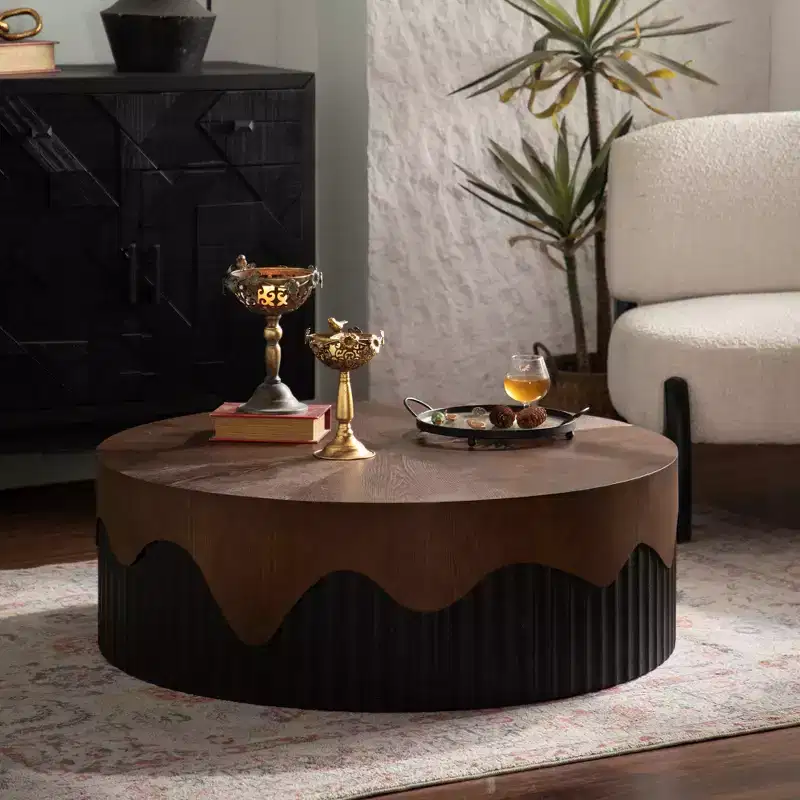 38.97 inch Round Coffee Table with Real Bark Texture Veneer and Walnut Finish