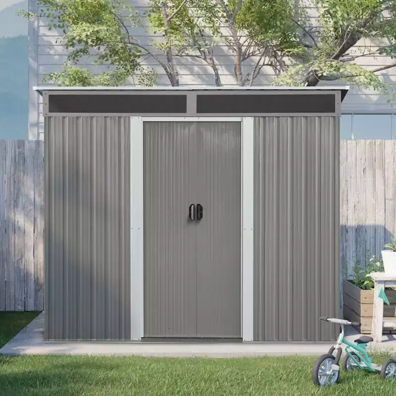 8x6 ft Outdoor Metal Storage Shed with Lockable Sliding Doors, Sloping Roof, Windows & Air Vents, Weather-Resistant Tool Shed