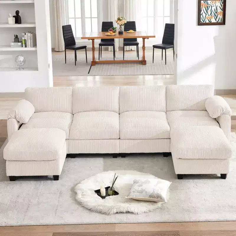 HYLEORY Corduroy Modular Sectional Sofa with Double Movable Ottomans, U-Shape Upholstered Comfy Couch with Two-Layer Seat Cushion for Living Room