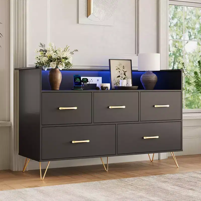 GustoWave Modern Wood 5 Drawers Dresser with LED Lights, 47 in Freestanding Chest of Drawers, Storage Organizer with Gold Legs