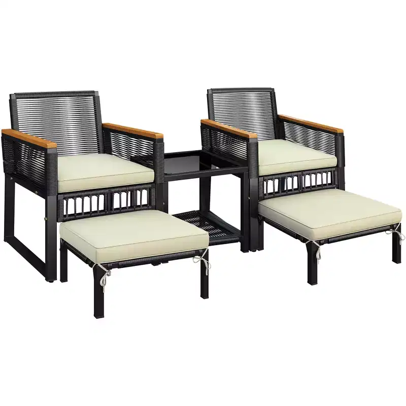 Yaheetech Set of 5 Wicker Rattan Patio Conversation Set with Chairs Table, Ottomans and Cushions for Garden, Balcony