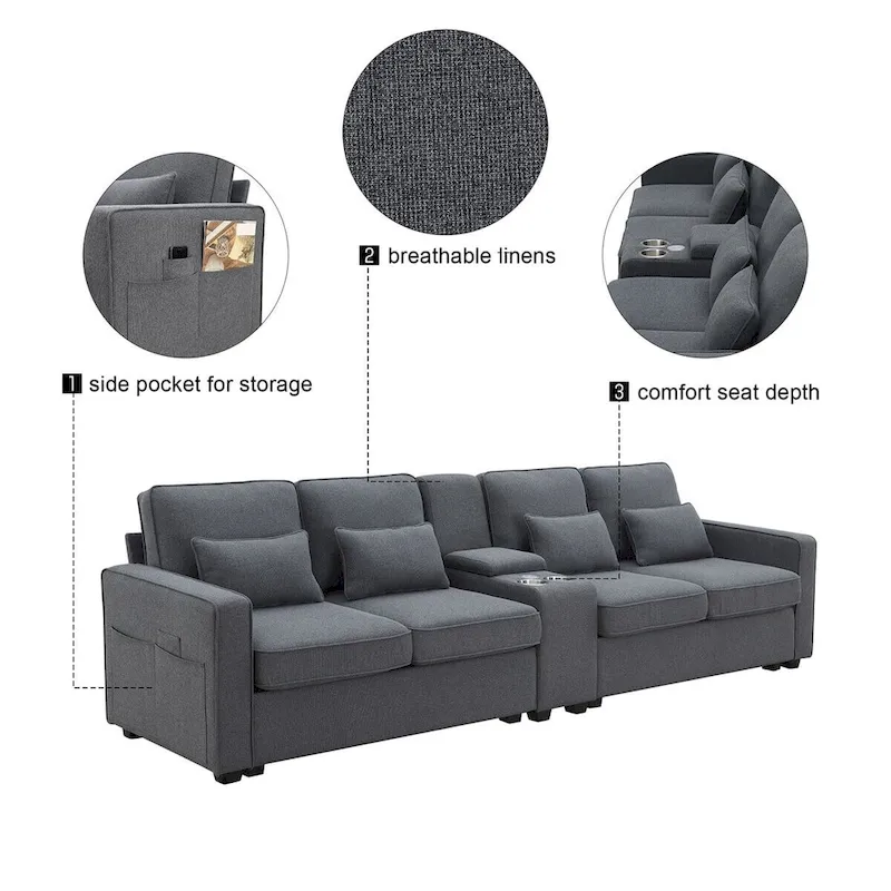 Merax 114.2 Upholstered Sofa with Console, 2 Cupholders and 2 USB Ports Wired or Wirelessly Charged