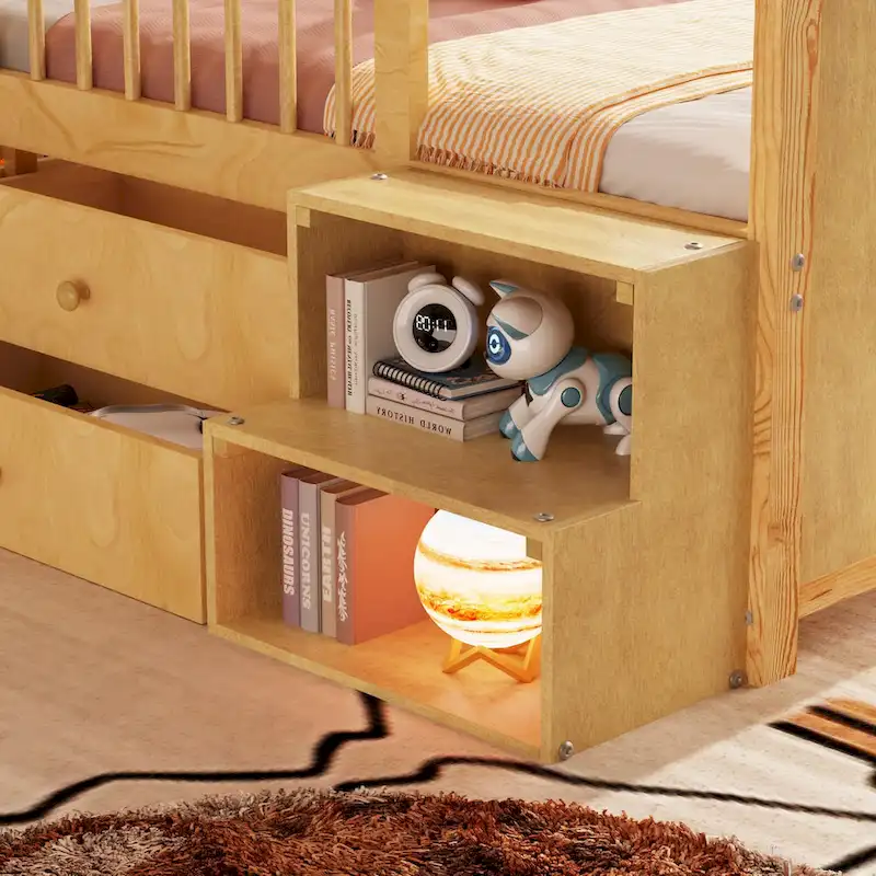 Low Loft Bed with LED Lights, Wooden Twin Loft Bed with House Shape Headboard, Kids Loft Bed with Storage Drawers