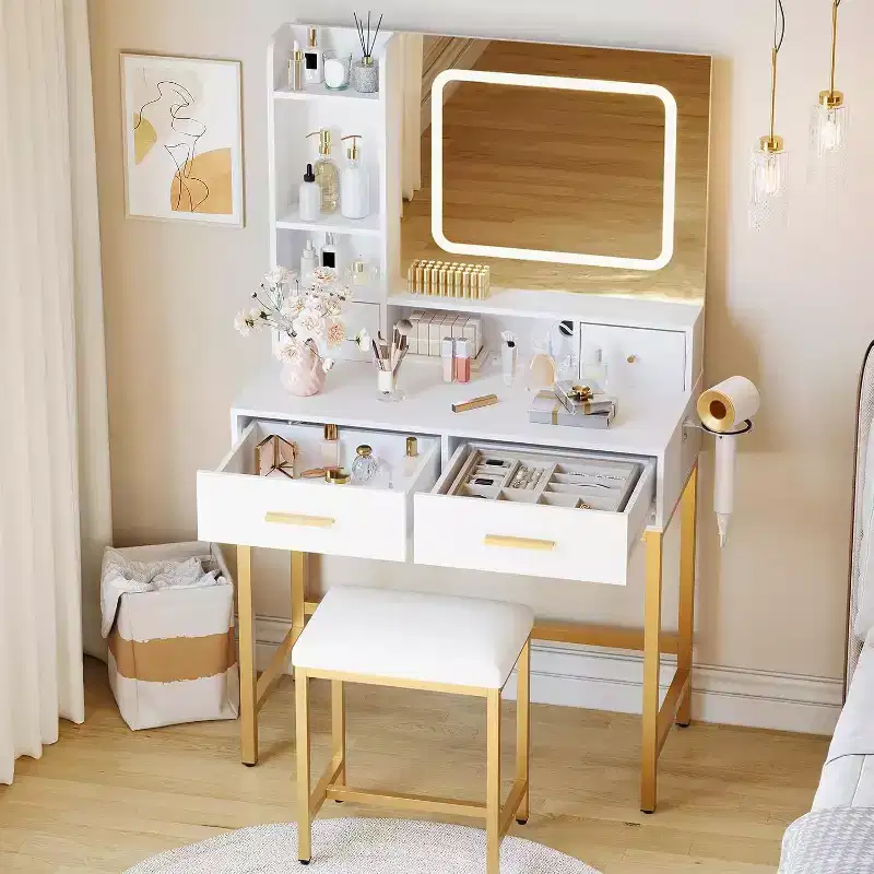 Acekool Vanity Desk with Mirror, 3 Lighting Modes, 4 Drawers, Side Shelves, Power Outlets, White Gold, 53 Wide