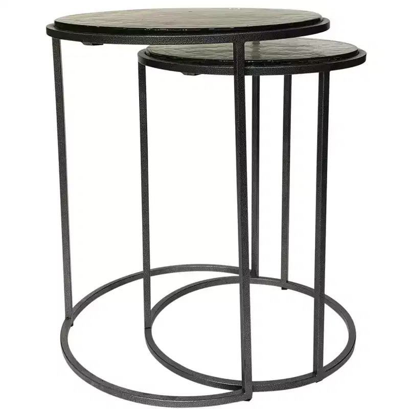 HomeRoots Set of Two Clear and Gunmetal Glass and Iron Round Frame Nested Tables