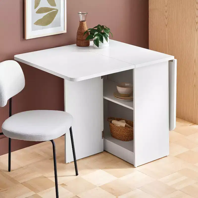 Drop Leaf Dining Table with Storage Shelves, White