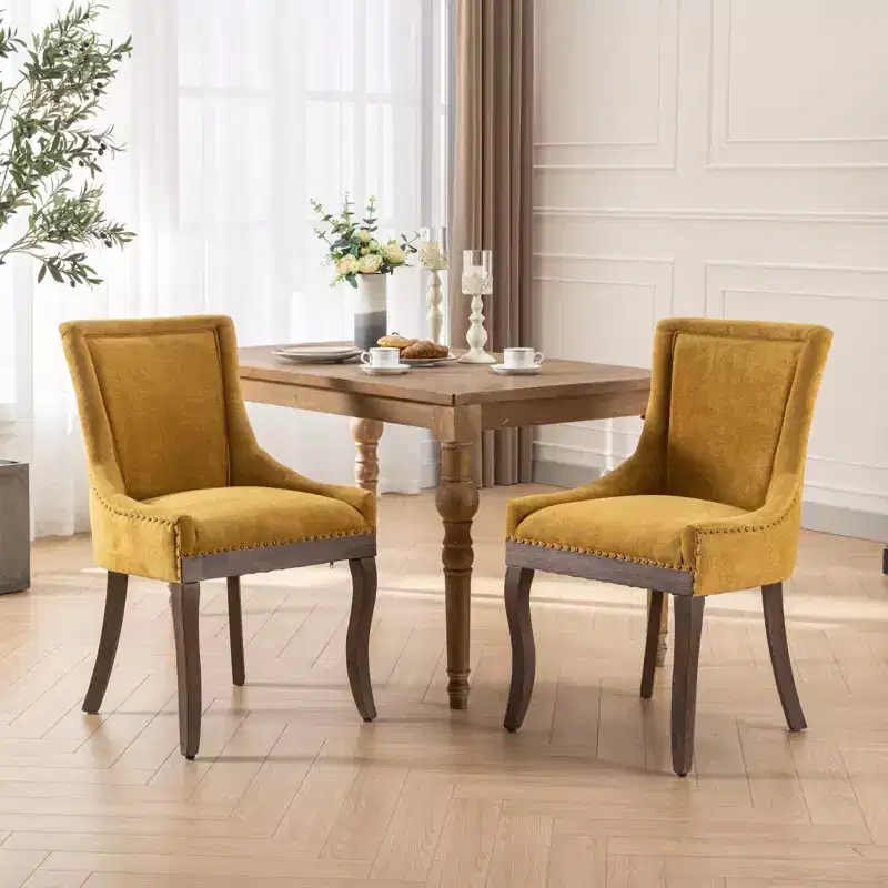 Okak Retro Dining Chairs Set of 2, Comfy Fabric Chairs with Thick Cushions, Kitchen Side Chairs with Solid Wood Legs Bronze Nail Head