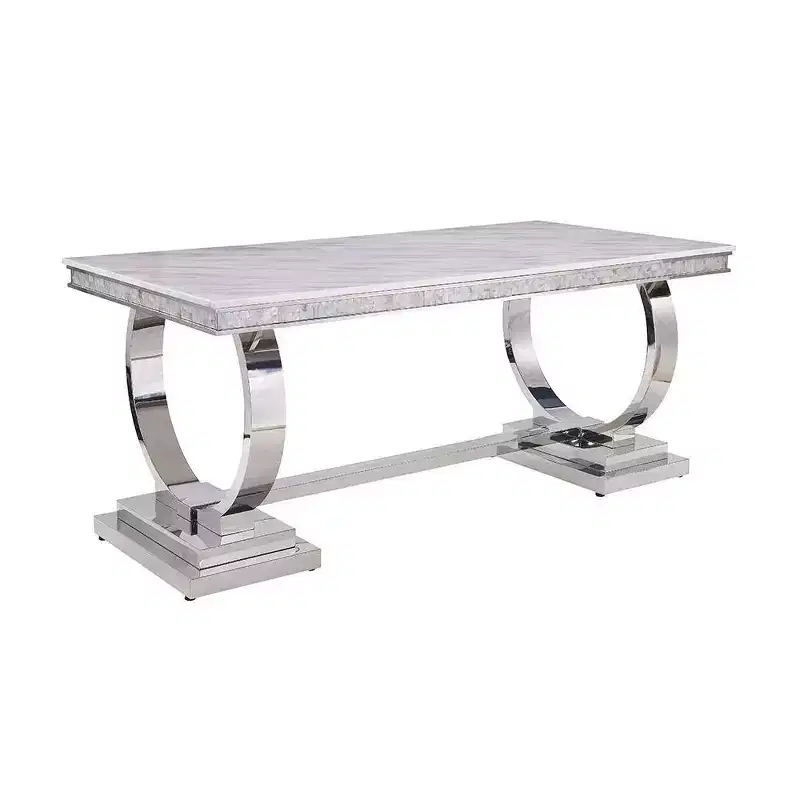 Faux Marble Top Rectangular Dining Table with Silver Pedestal Base, Seats 6, White