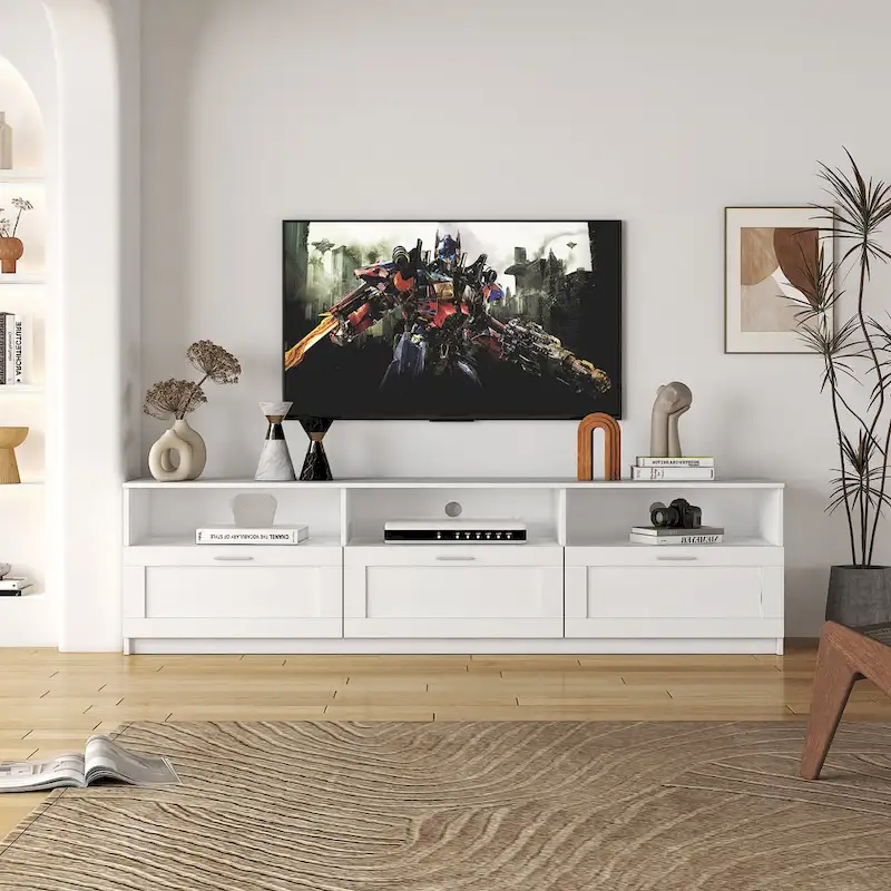 70-Inch TV Stand with Open Shelves and Drawers — White