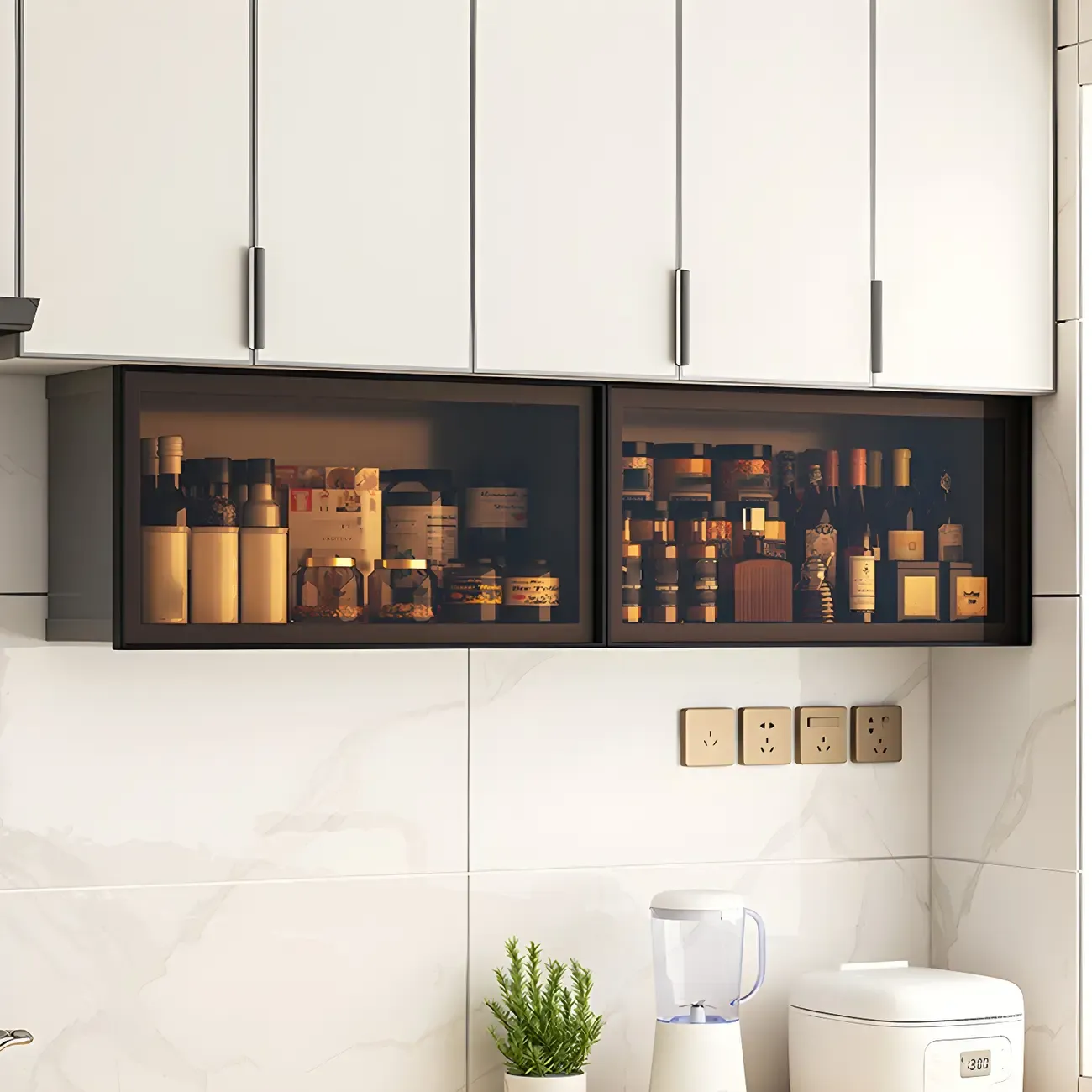 Grey Metal Floating Mounted Glass Kitchen China Cabinet