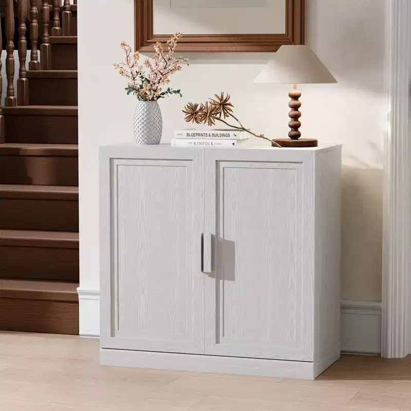 31 in. Tall Wood Grain Storage Cabinet in White, Storage Organizer with 2 Solid Wood Doors for Bedroom Living/Dinning Room