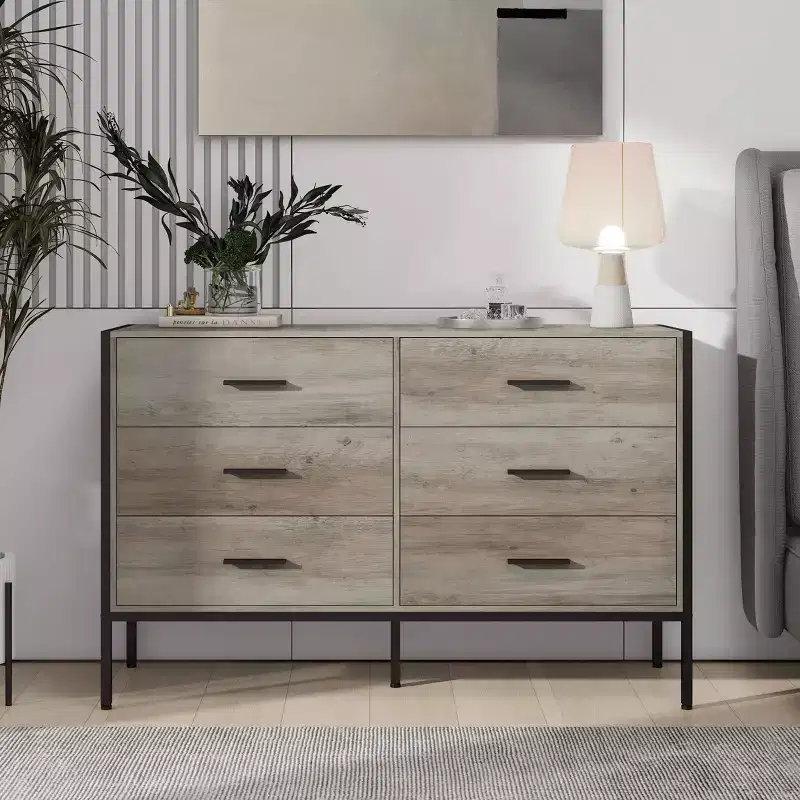 Modern Rattan Dresser for Bedroom with 6 Wide Drawers and Wood Handles, Chest Storage Cabinet Organizer for Living Room Hallway Entryway