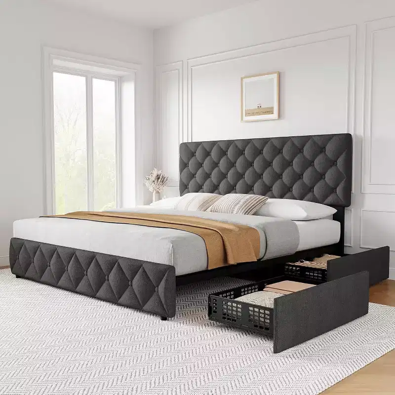Platform Bed Frame with Elegant and Stylish Headboard, 4 Storage Drawers, No Box Spring Required, Easy Assembly, Heavy-Duty Support
