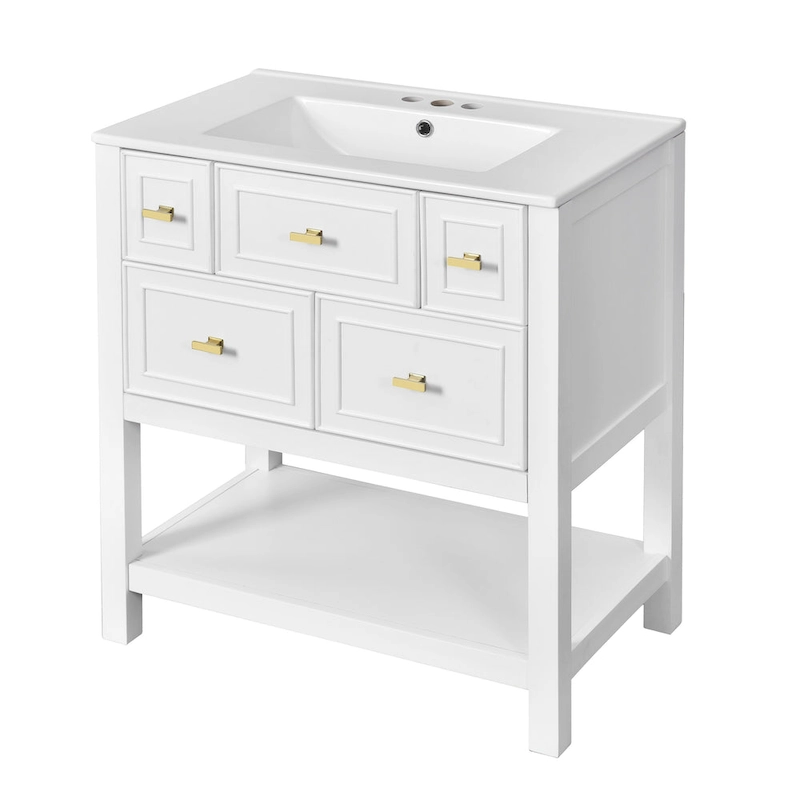 30 Bathroom Vanity with Ceramic Sink Combo, Free Standing Single Vanity Set with 5 Drawers
