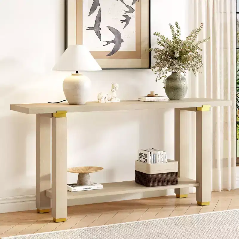Okak 63IN Modern Narrow Console Table, Entryway Table with Metal Accents and Open Shelf, Accent Table for Living Room, Hallway, Natural