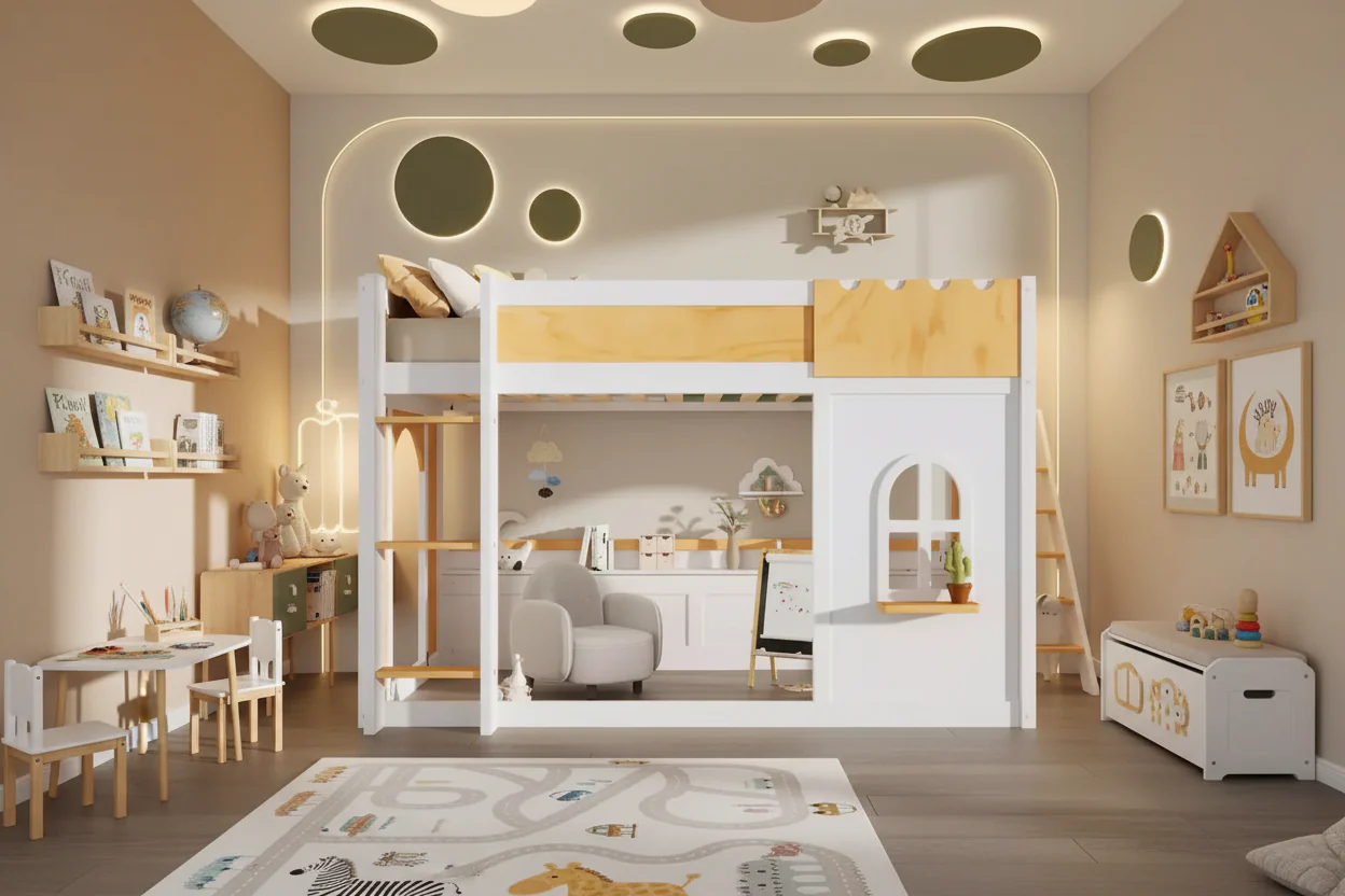 Space-Saving Bunk Bed with Built-In Storage Shelves and Playful Window, Solid Pine Wood