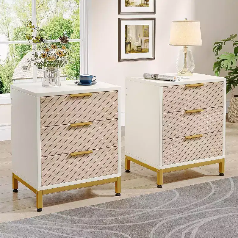 Lantine Night Stands Set of 2, Nightstand with 3 Drawers White and Gold Light Wood Grain Bedside End Tables Storage for Bedrooms