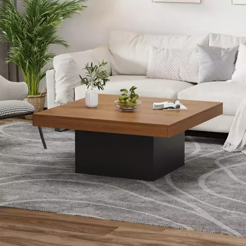 35 Inch Square Coffee Table, Farmhouse Wood Small Living Room Table with Leg Lights for Parlor, Home Office, Apartment, Reading Room, Easy Assembly