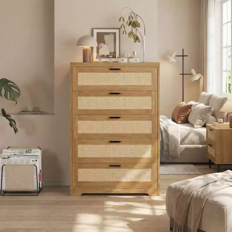Tall Rattan Dresser with 5 Drawers, Wooden Storage Chest with Wide Top for Bedroom & Entryway