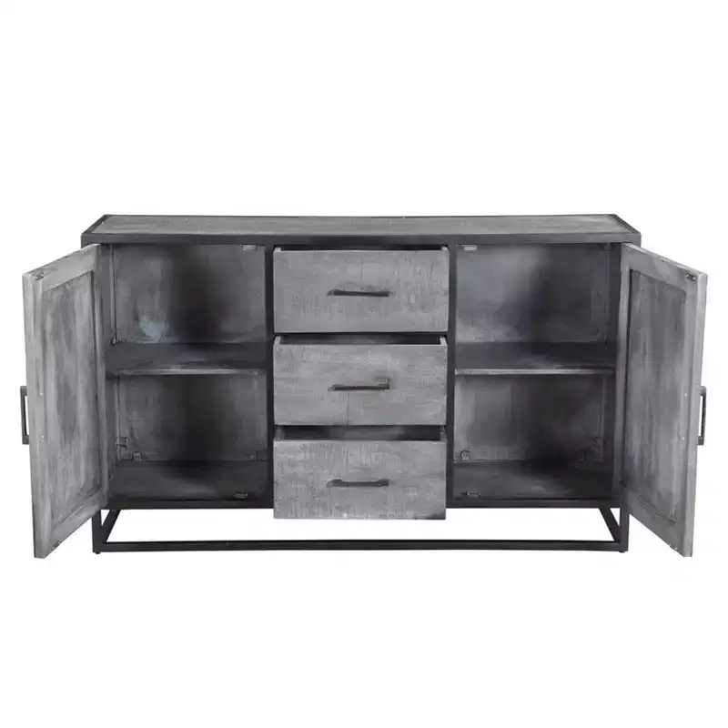 Mango Wood Sideboard with Metal Frame, Gray Finish – 3 Drawers & 2 Doors