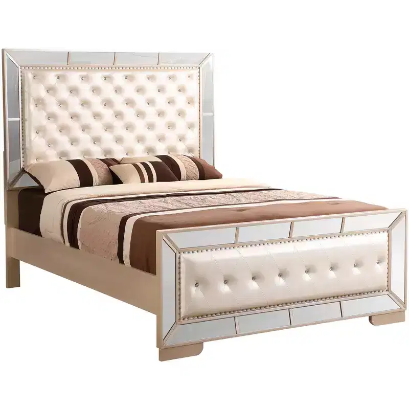 Hollywood Hills Queen Panel Bed - Diamond Tufted, Mirror Accents