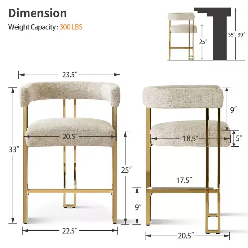 Set of 3 Counter Height Bar Stools with Backs and Arms, Modern Chenille Upholstered Kitchen Island Chairs with Gold Metal Legs - Panipeachy