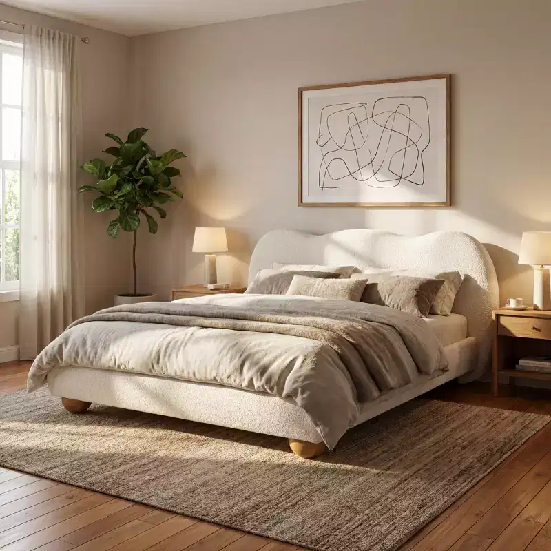 Christopher Knight Home Sarocha Modern Wooden Boucle Upholstered Bed Frame with Curved Headboard and Round Legs