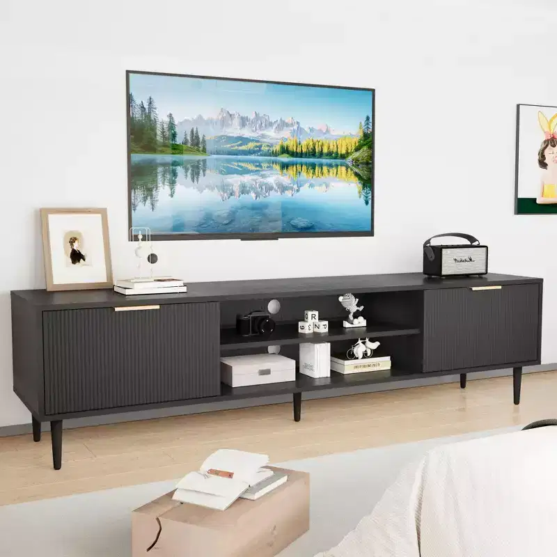 GustoWave Black TV Stand for up to 75 Inch TVs, Entertainment Center with Large Storage Cabinets for Bedroom, Office