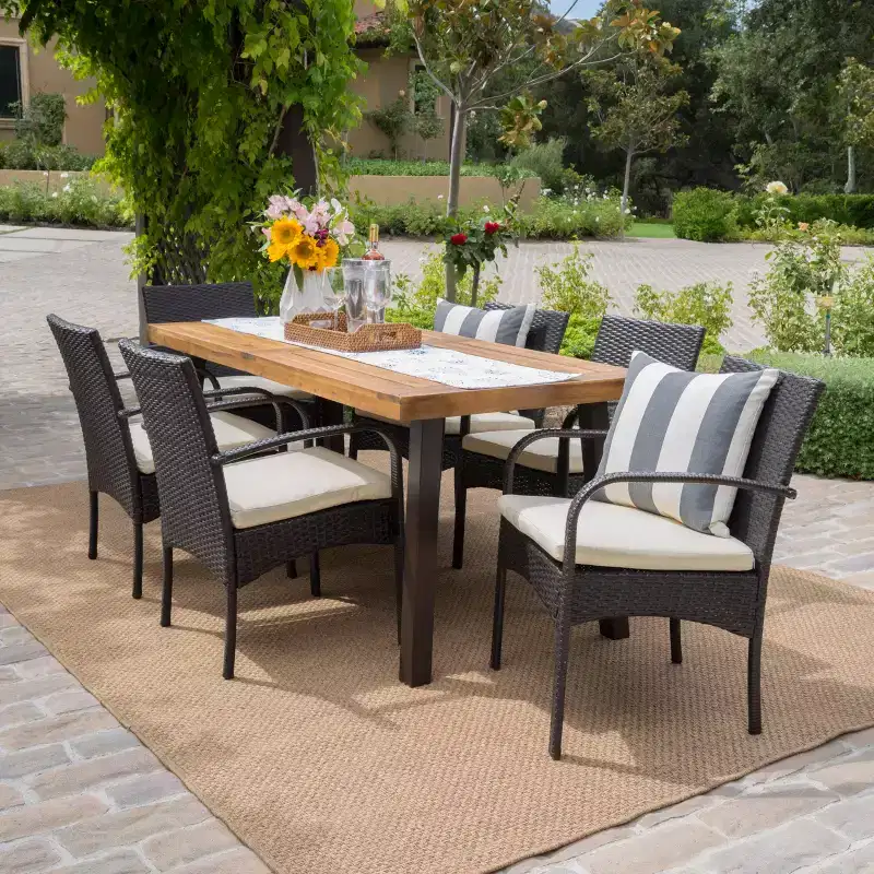 GDFStudio Neva Outdoor Acacia Wood and Wicker 7 Piece Dining Set with Cushion, Natural/Multibrown