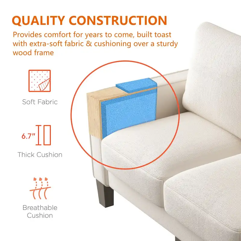 Beige Fabric Sofa with Square Arm and Tufted Back