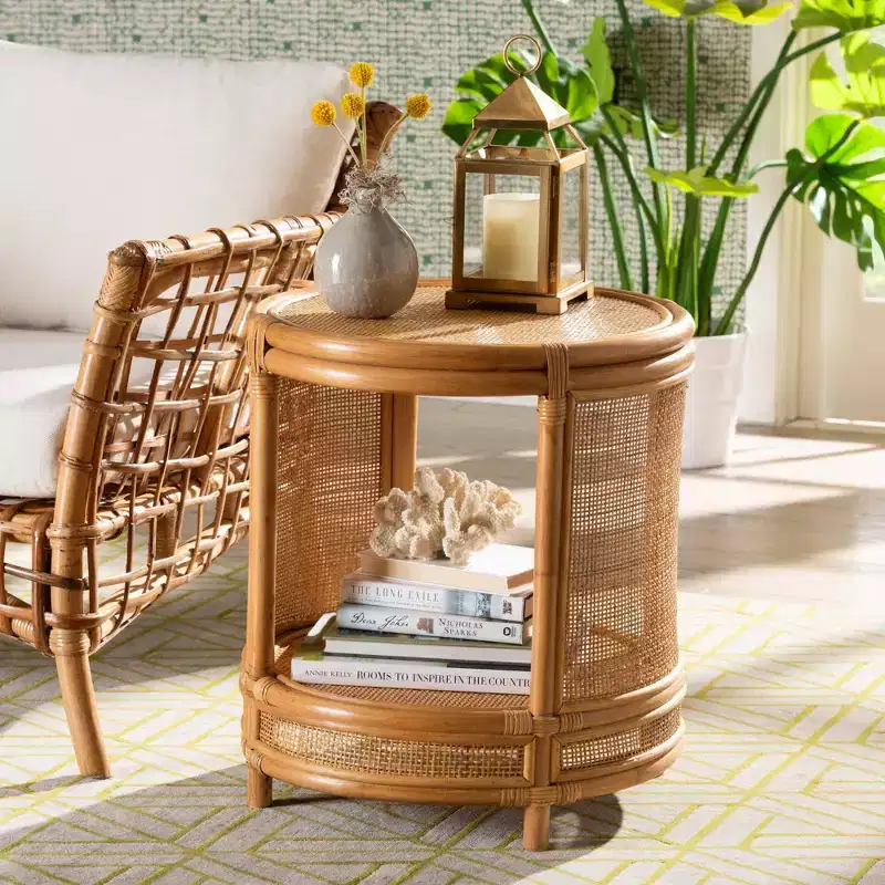 bali & pari Louis Rattan End Table Light Honey: No Assembly, Round Wicker Side