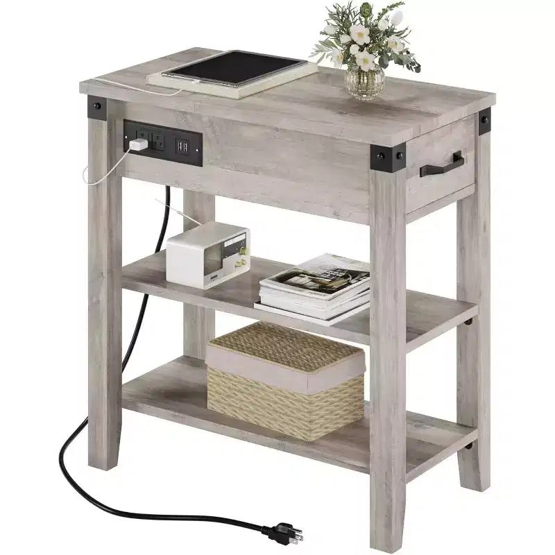 Narrow Flip Top Side Table with USB Ports & Outlets, Drawer and Storage Shelves for Bedroom Living Room