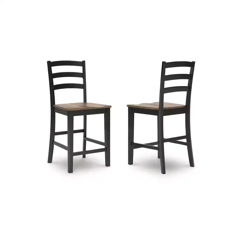 Signature Design by Ashley Wildenauer Counter Height Barstool - Deep Brown Butcher Block Seat with Satin Black Frame (Set of 2)