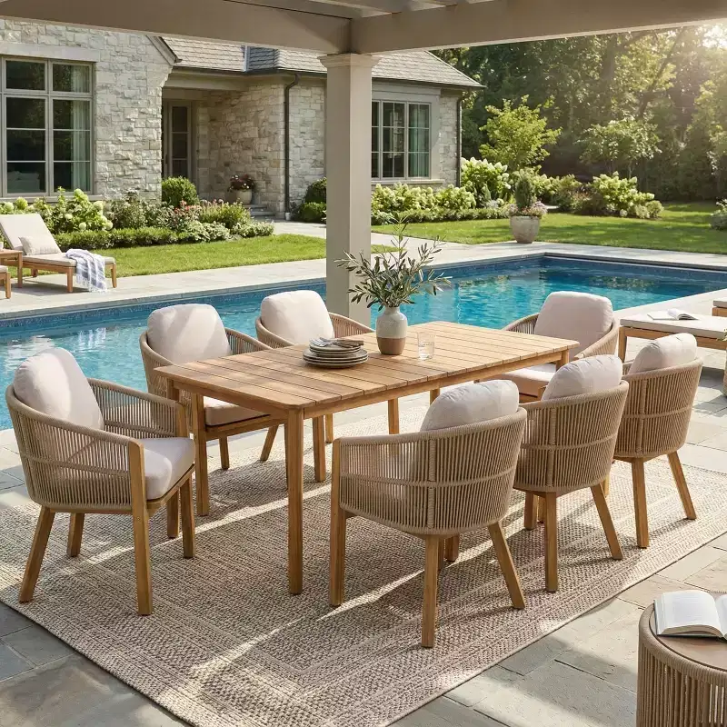 Christopher Knight Home Visola 9 Piece Boho Acacia Wood Rope Dining Seating Set with Slatted Table and Cushions