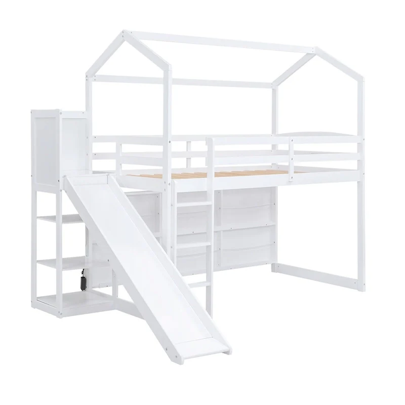 Twin Size Wood House Loft Bed with Slide, Playhouse Style, Kids Bedroom Furniture