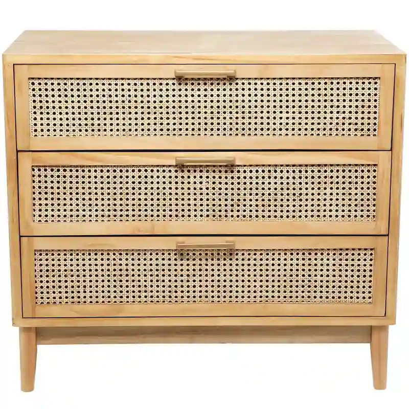 Wood 3-Drawer Cabinet with Cane Front Drawers and Gold Handles